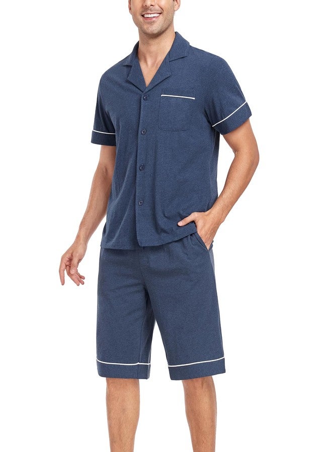 COLORFULLEAF Men's 100% Cotton Short Sleeve Pajama Sets Button Down Notched Collar Sleepwear Soft Lounge Pjs with Pockets (Heather Navy, XL) - Image 4